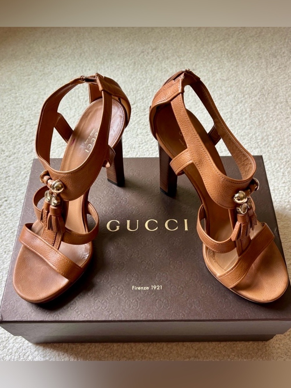 Gucci Tassel Charm High Heel Leather Sandals